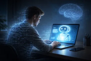 Boiling Frog Effect of AI illustrated by human cognition fading while using chatbot on digital screen