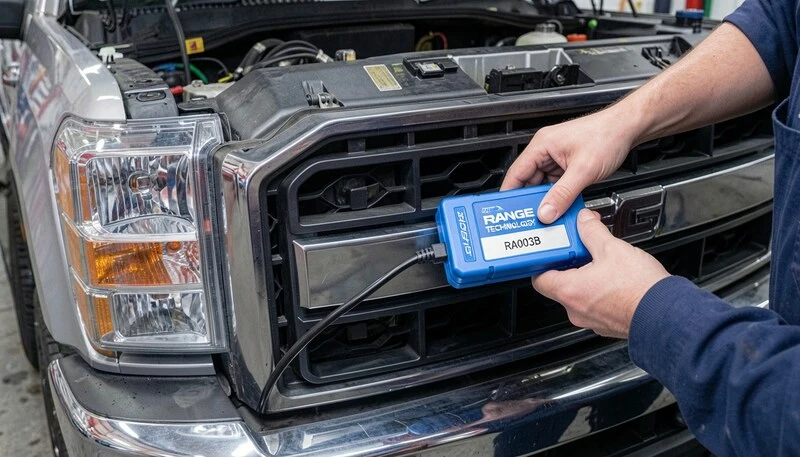 Range Technology AFM/DFM Disabler RA003B installed in GM truck OBD-II port during plug-and-play setup in professional workshop.